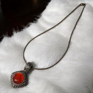 Vintage 925 Stamped Chain With Huge Round Orange Cat’s Eye Silver Tone Pendant